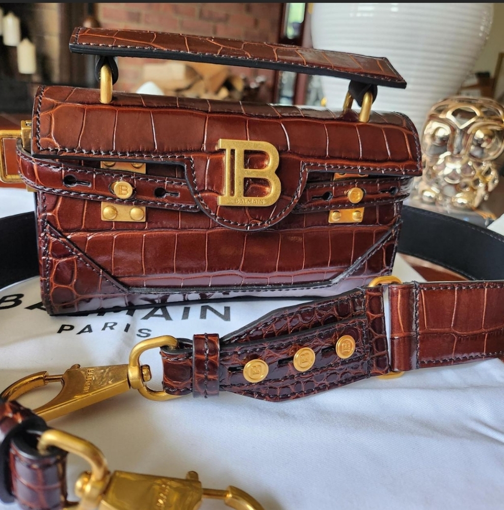 Balmain Brown Croc Embossed Mini Bag